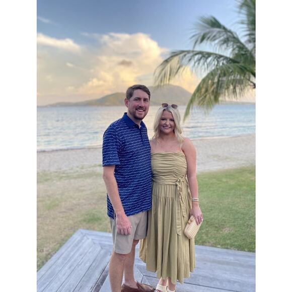 TOCCIN x RTR Brown Khaki Square Neck Ruched Bodice Tie Waist Midi Dress Size 8 - Picture 9 of 11